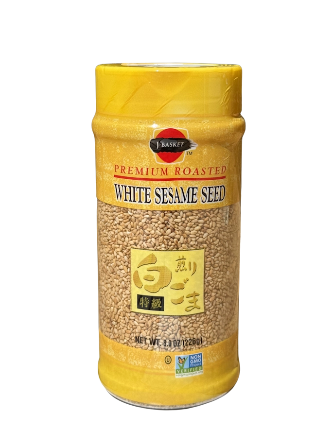 Jar of ground white sesame seeds